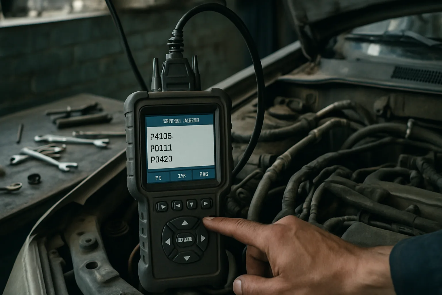 Engine diagnostic scanner in use